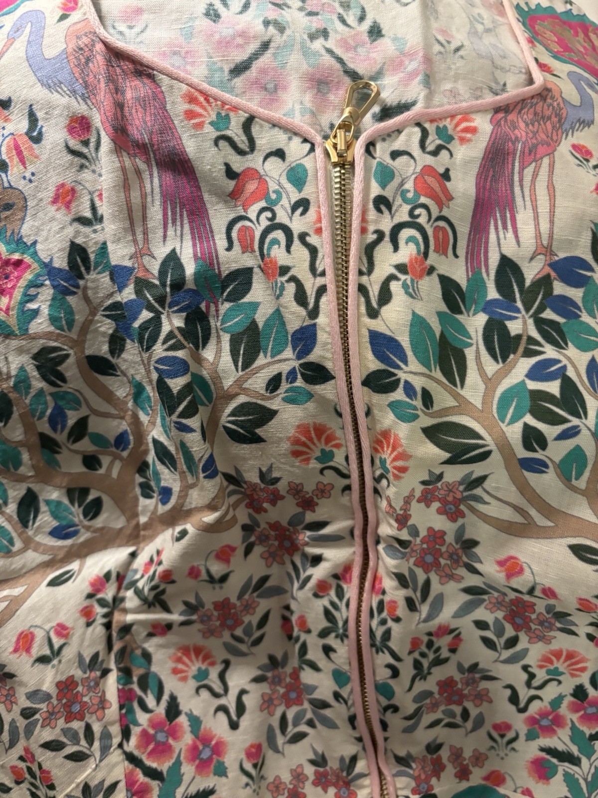 FLASH SALE! Gently worn Sandro Midi dress with Teal & Pink Crane Print. Size 34!