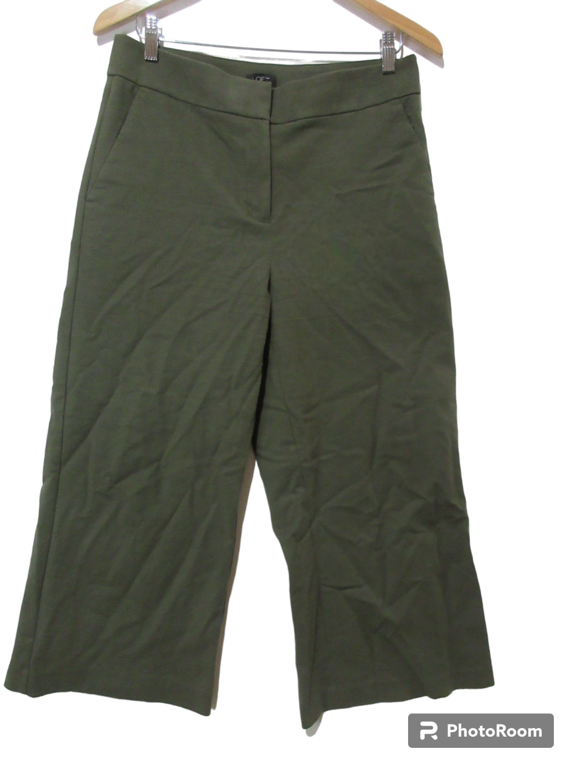 Sz 8 Loft Military Green Pants Womens High Rise Wide Leg Crop Pockets Stretch