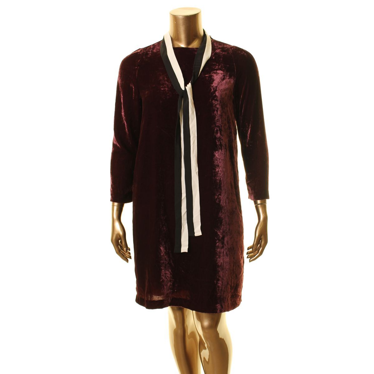 MARELLA NEW Women’s Burgundy Contrast Tie-neck Velvet Shift Dress 10 TEDO