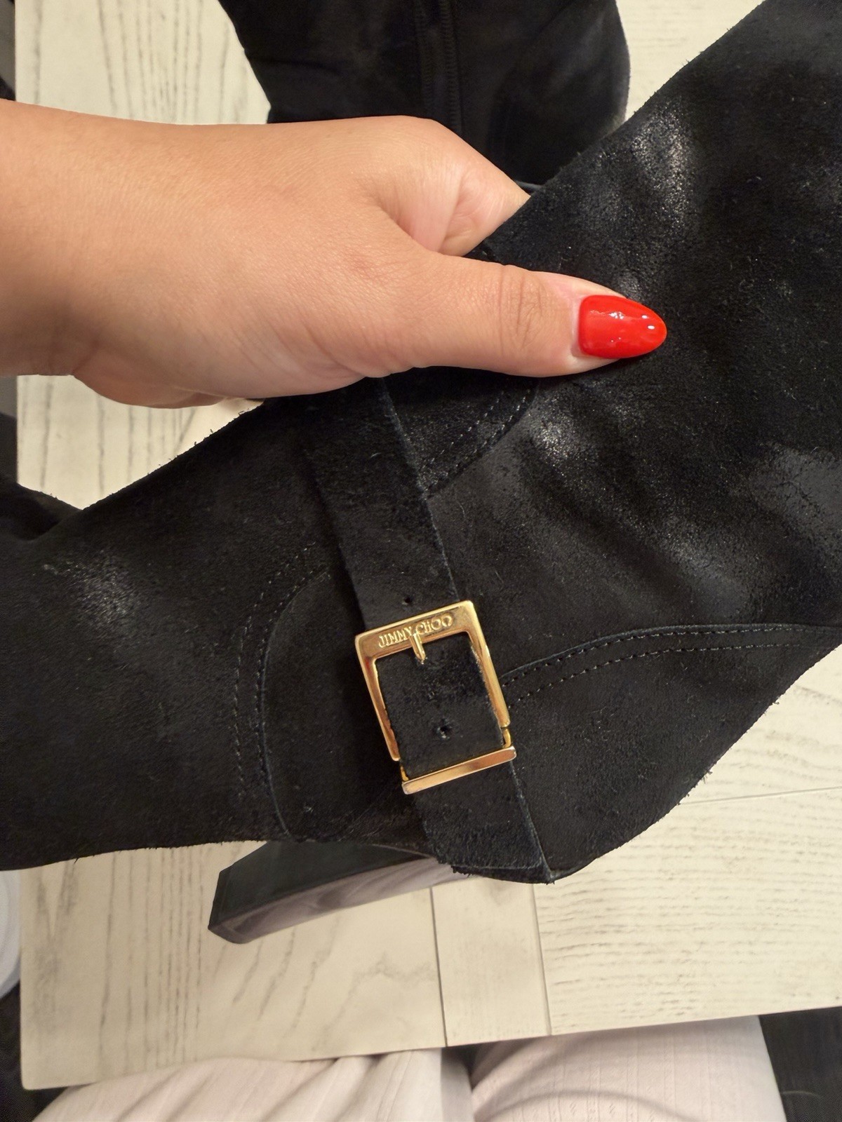 Jimmy Choo Black Suede Mid-Calf Buckle Boots Pointed Toe US 8.5