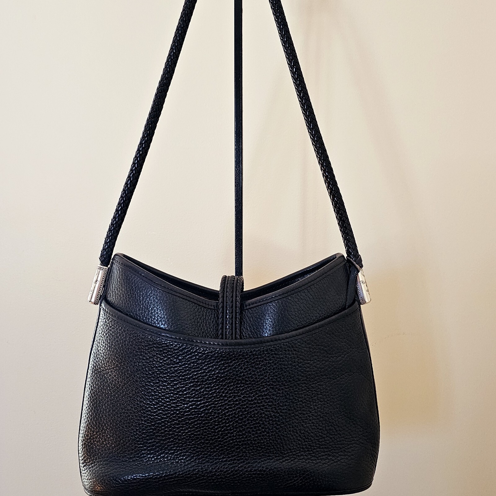 VTG Brighton Black Pebble Leather Braided Strap Silver Heart Purse Hobo HandBag