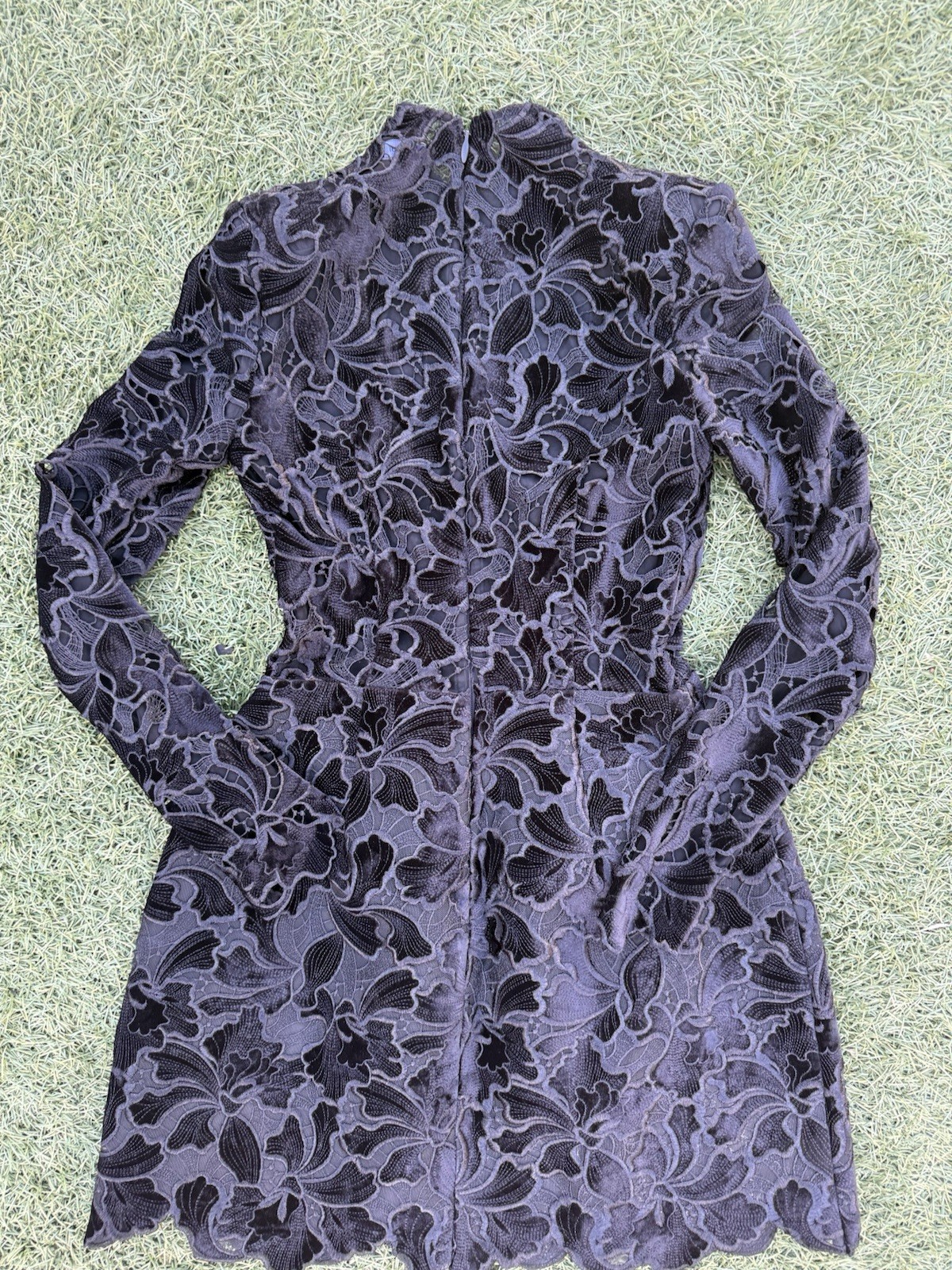 Nadine Merabi Black Floral Lace Embroidered Mini Dress XS High Neck Long Sleeve