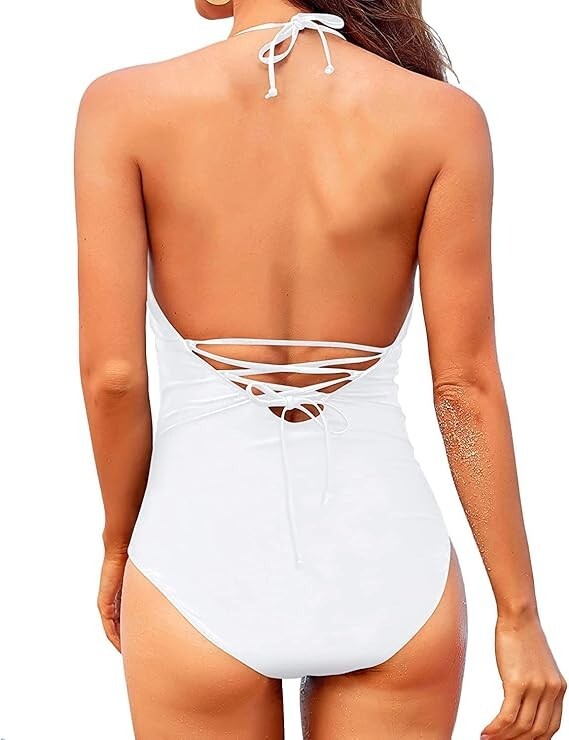 Holipick White 1 Piece Halter Laceup Back Swimsuit M – NEW