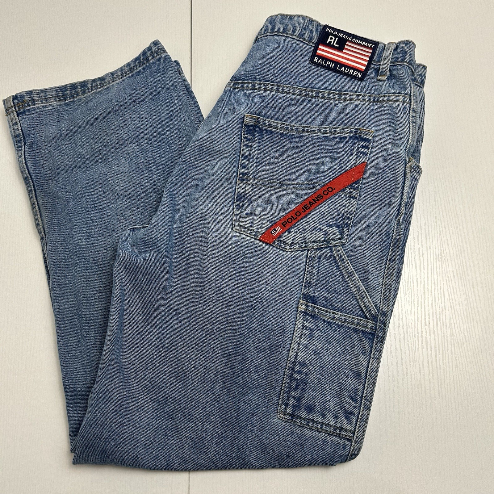 Vintage Polo Jeans Co Ralph Lauren Men Worker Strip Pants 34×32 Flag Patch Baggy