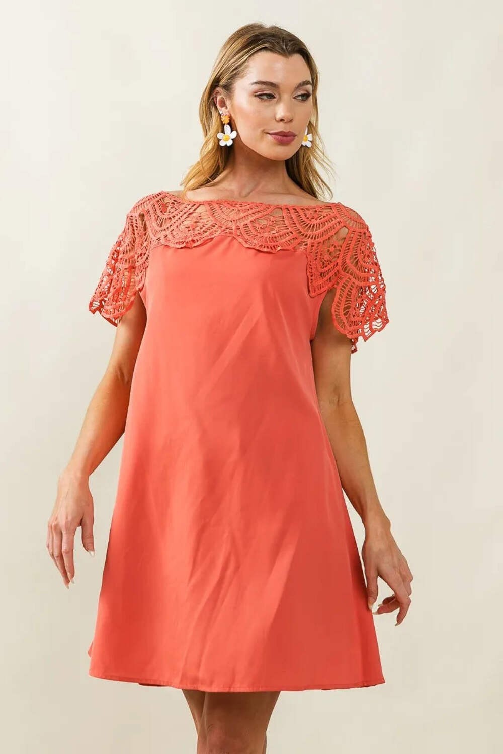 Crochet Lace Yoke Detailed Wrinkled Dress