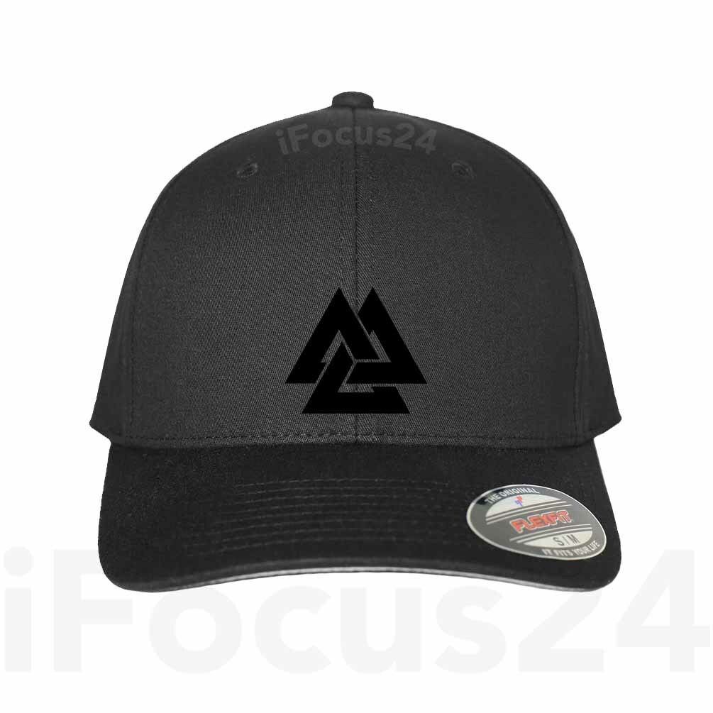 VALKNUT ODIN NORSE GOD VIKING SYMBOL Fitted Flex-Fit Hat Round Bill Black Cap