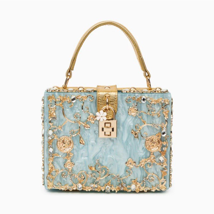 VERANO HILL Light Blue Marble Small Top Handle Bag Crystal Beaded Gold Clasp