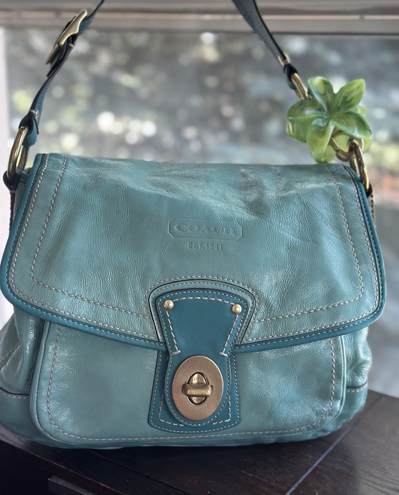 🦋Vintage COACH Ali Turquoise Legacy Patent Leather Turnlock Shoulder Bag f13370