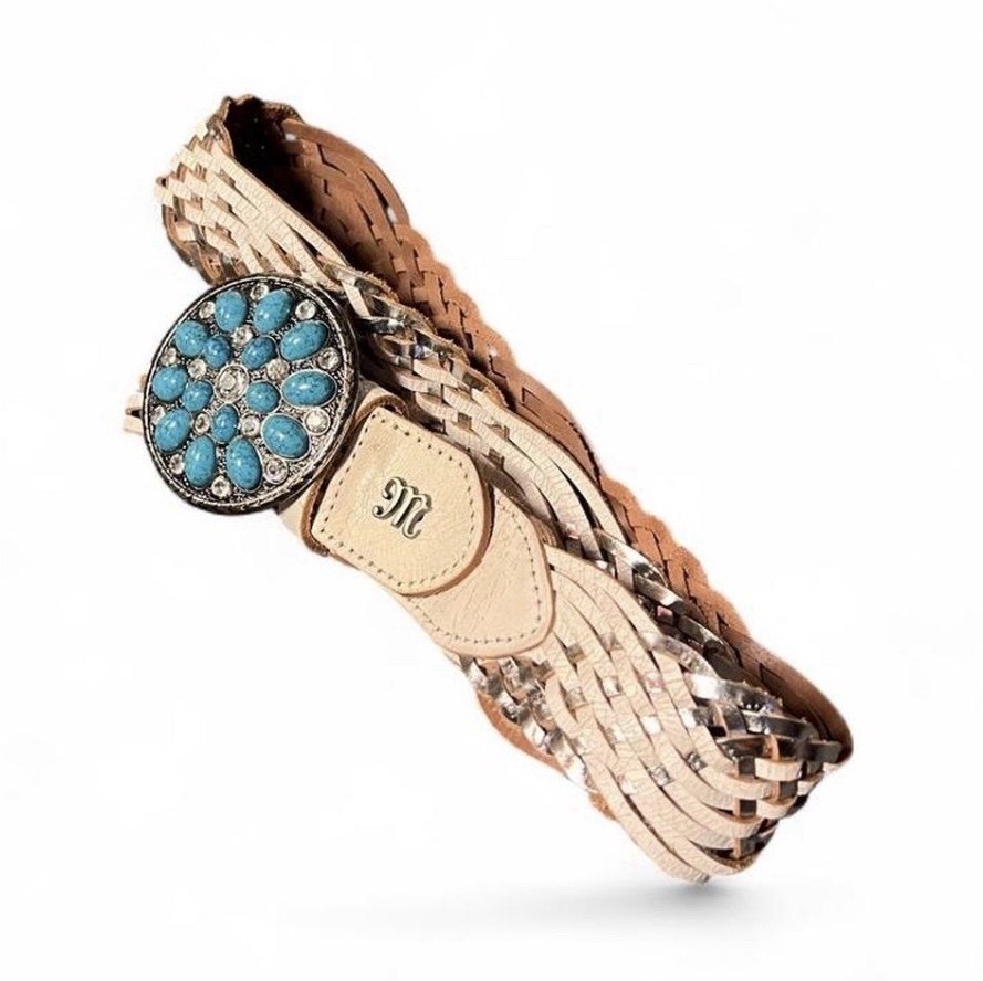 Women’s Tan Braided Belt Western Turquoise Rhinestone Concho Buckle M