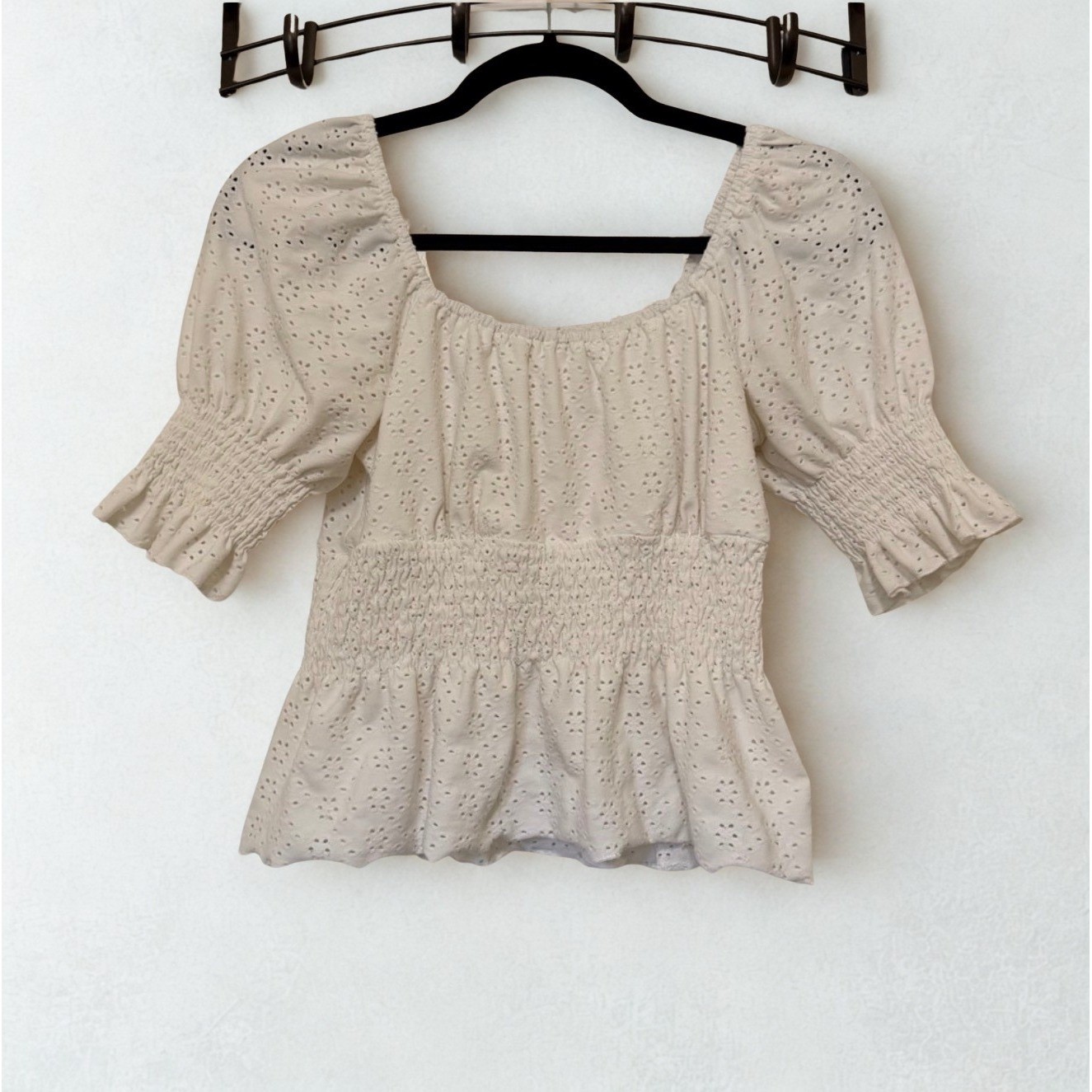 URBAN Romantics White Eyelet Smocked Peplum Top Square Neck Cottagecore Small