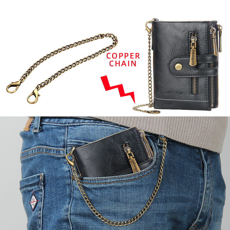 US RFID Blocking Mens Wallet with Anti-Theft Chain Double Zip Purse Card Holders