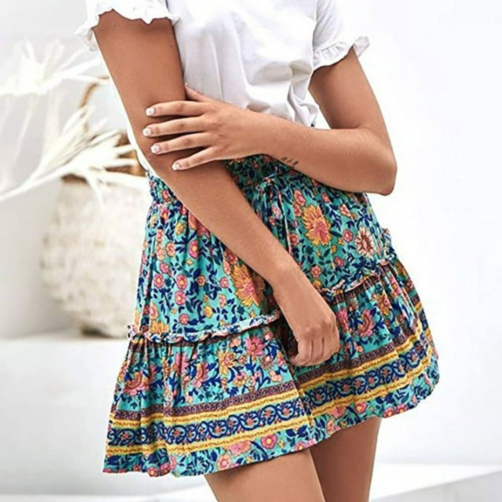 Urban Coco Floral Boho Aztec Print Pattern Circle A-Line Tiered Skirt – Size M