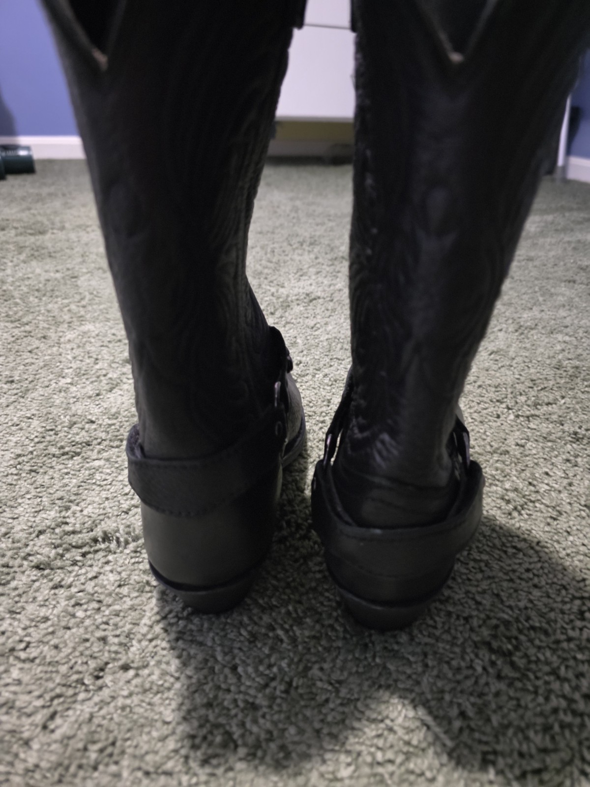 Women’s Black Leather Western Mid-Calf Pull-On Boots Pointed Toe Heart 6M