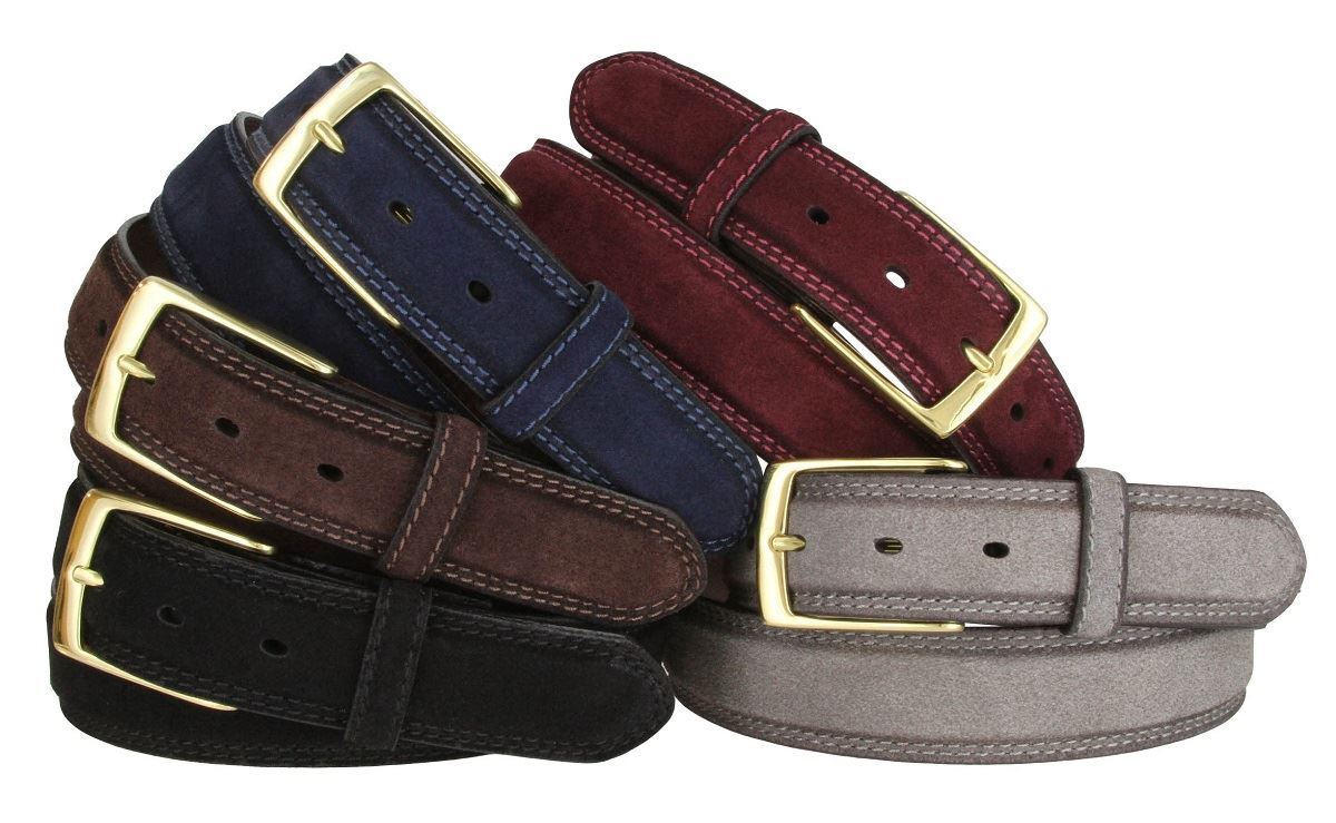 Suede Genuine Leather Casual Jean Belt 1-3/8″ Wide Stitched Edge Brass Buckle