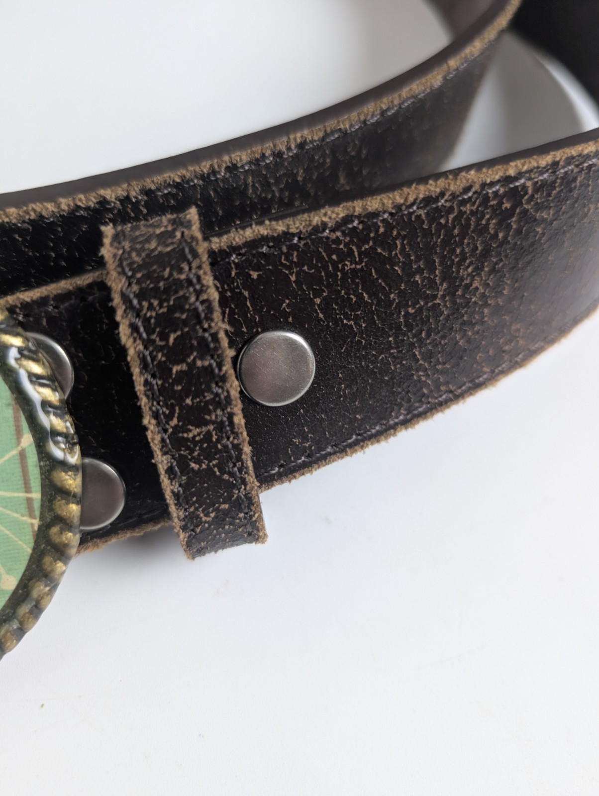 Genuine Leather Brown Belt Teal Floral Oval Buckle Removable Snap Closure