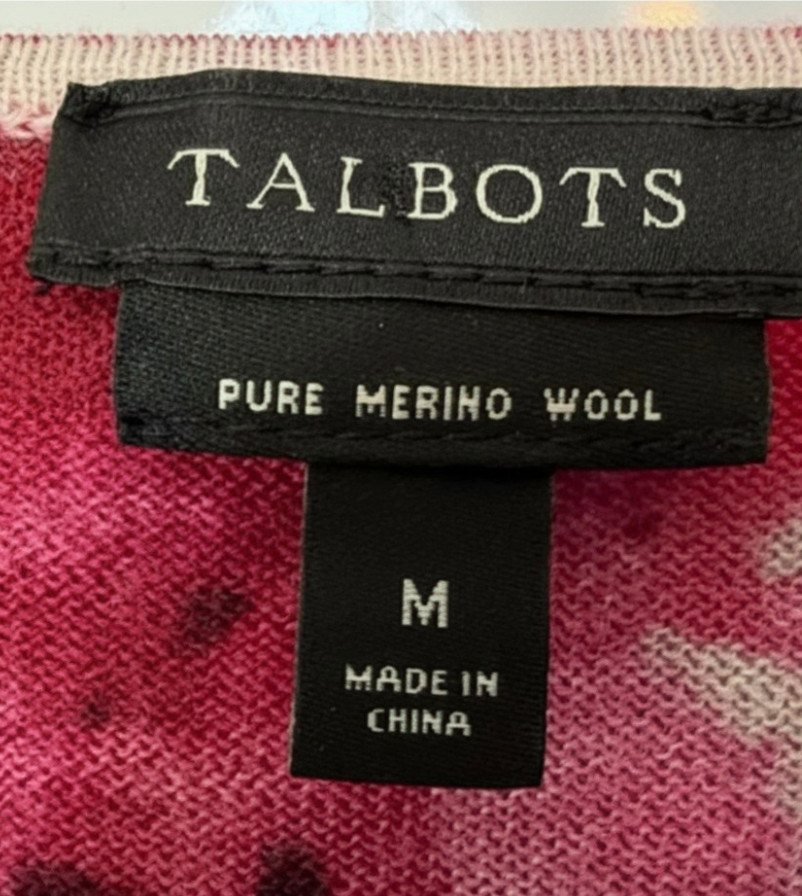TALBOTS Pure Merino Wool Sweater ABSTRACT FLORAL Pink Purple Gray Beige SIZE M