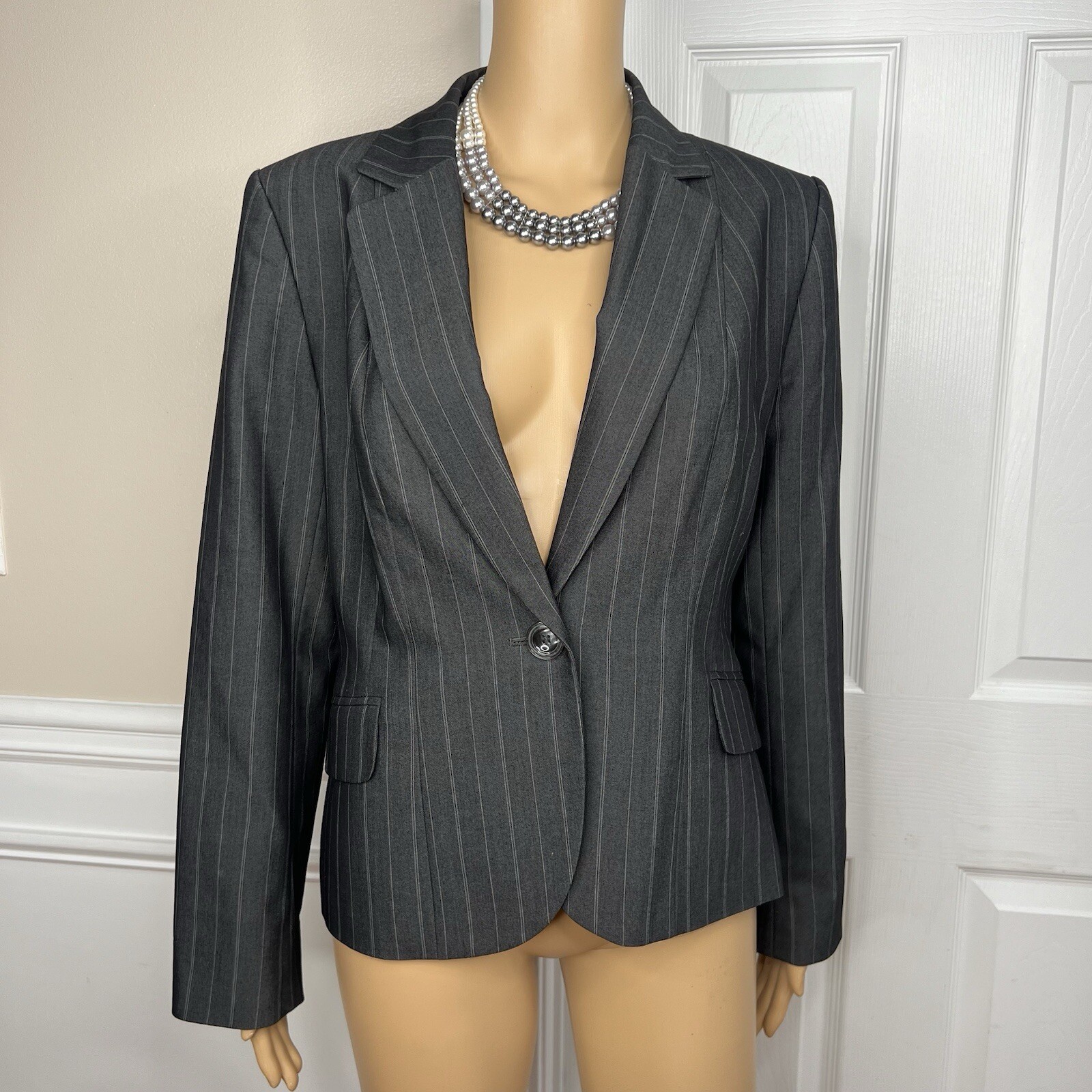 Nine West Polyester Rayon Stretch Pant Suit Size 10 Gray Striped Lined 2PC