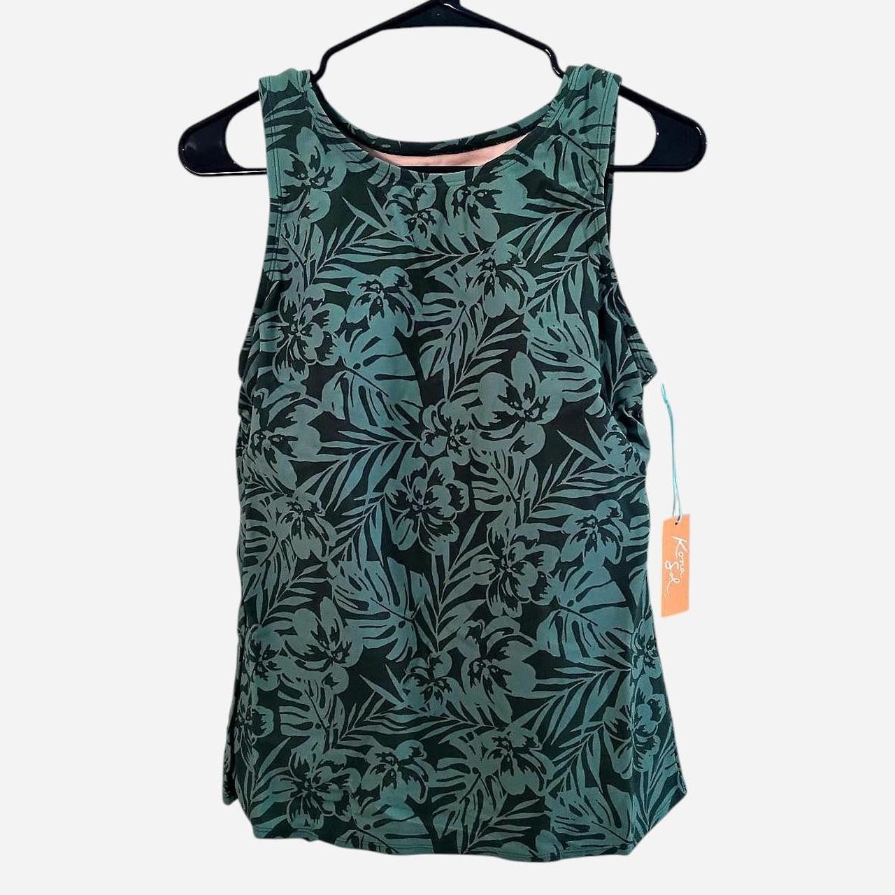 Kona Sol Tropical Floral Top Medium Dark Green Built In Bra New with Tags