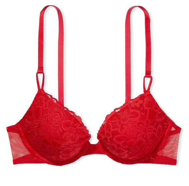 38D Red FLORAL LACE w Mesh Wings Extreme Lift Victorias Secret Plunge PU UW Bra