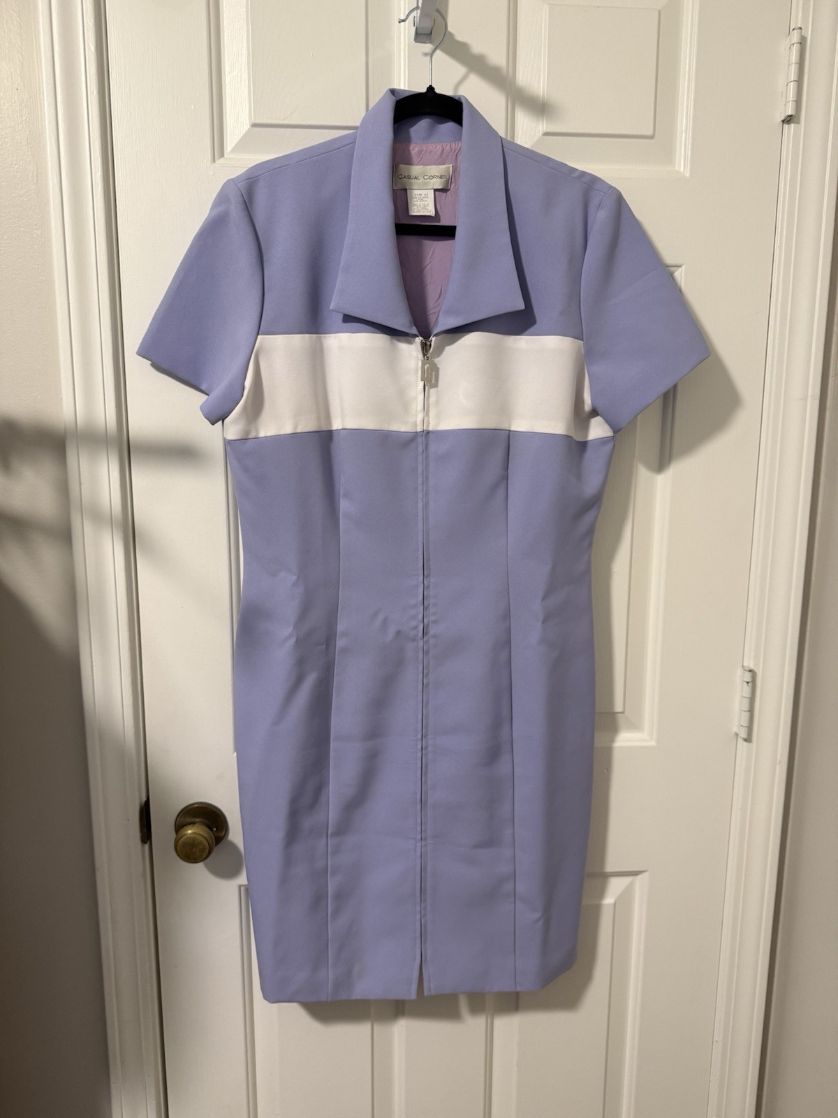 Casual Corner Purple/White Colorblock Collared Zip Sheath Knee Dress 12