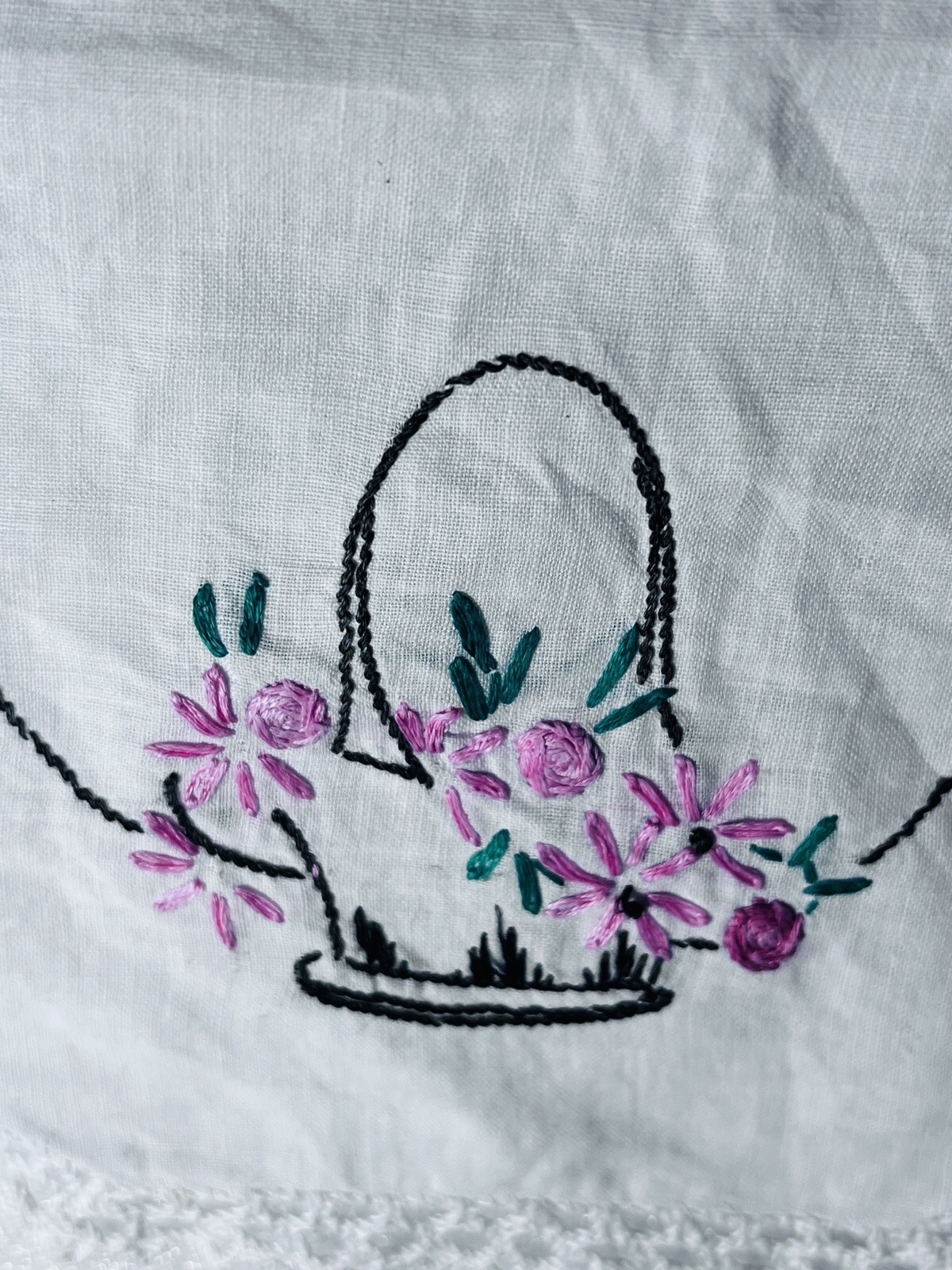 Lace Hand Stitched Handkerchief Lace Basket Of Flowers Tiny Very Light Stain