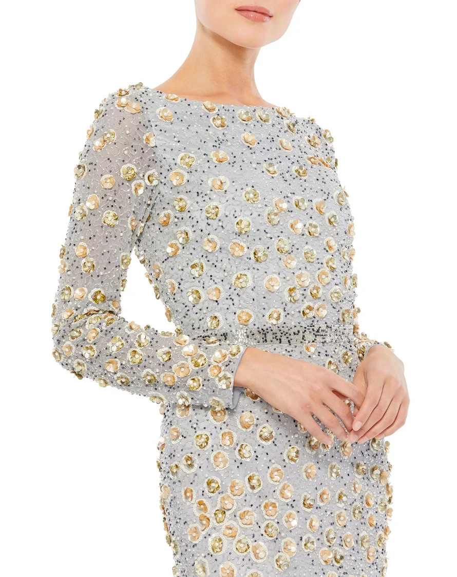 Mac Duggal Platinum Silver Gold Floral Beaded Long Sleeve Gown Size 16 $698