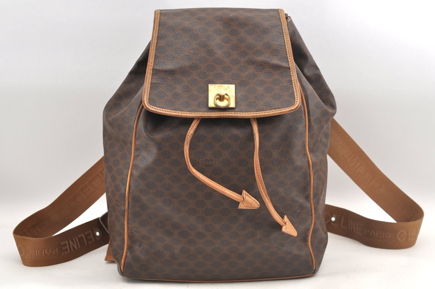Authentic CELINE Macadam Blason Pattern Backpack PVC Leather Brown AB587