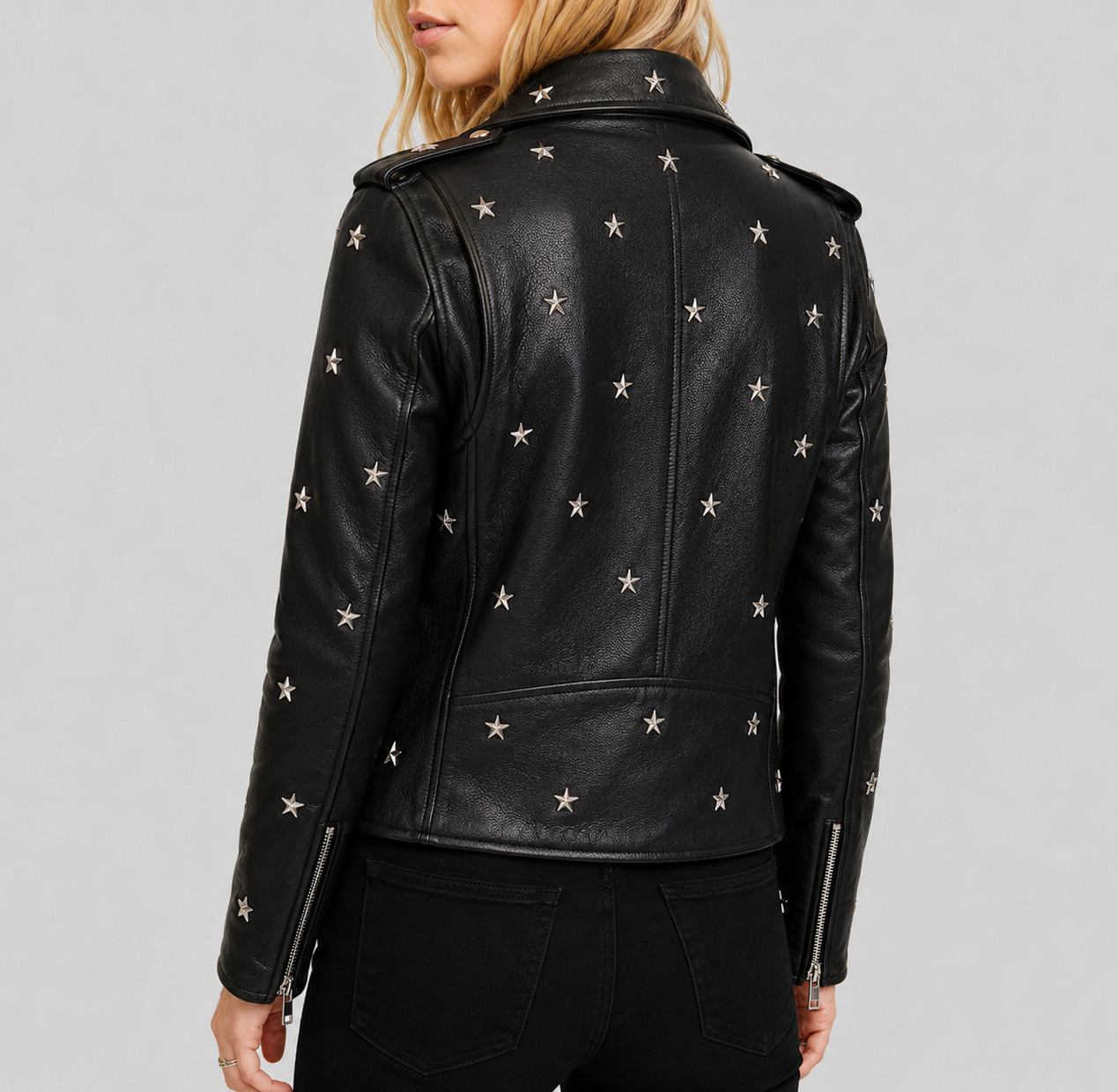 Women Handmade Black Leather Biker Jacket – Star Studded Moto Punk Rock Zip Coat