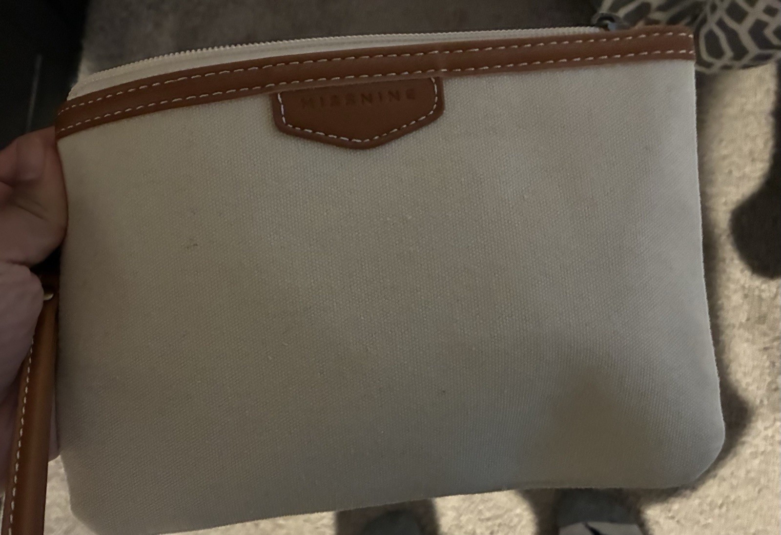 Wristlet Beige & Brown Solid Zip Wallet Clutch with Strap Trim