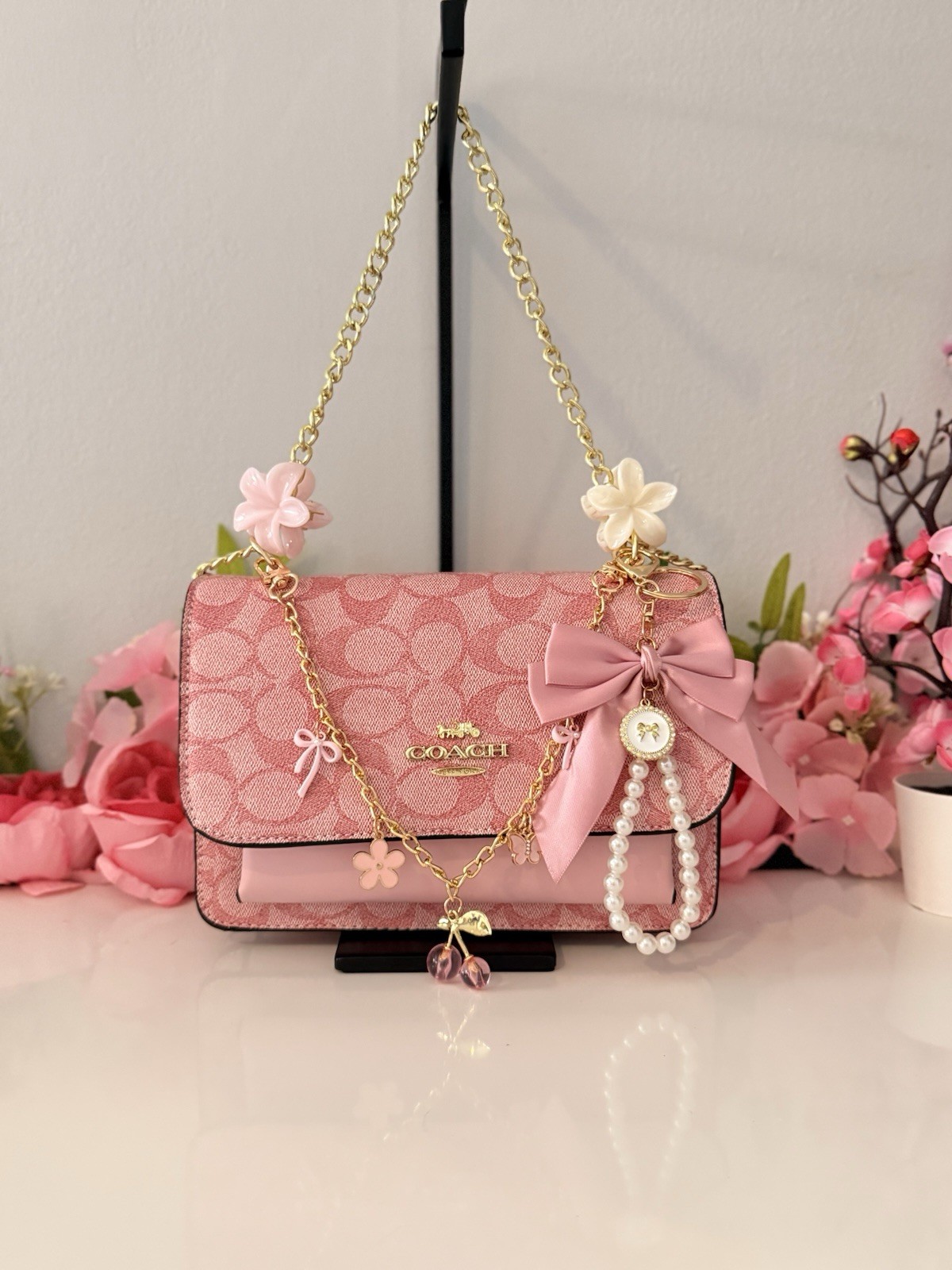Coach Pink Logo Flap Shoulder Bag w/ Gold Chain Strap & Bow Charm