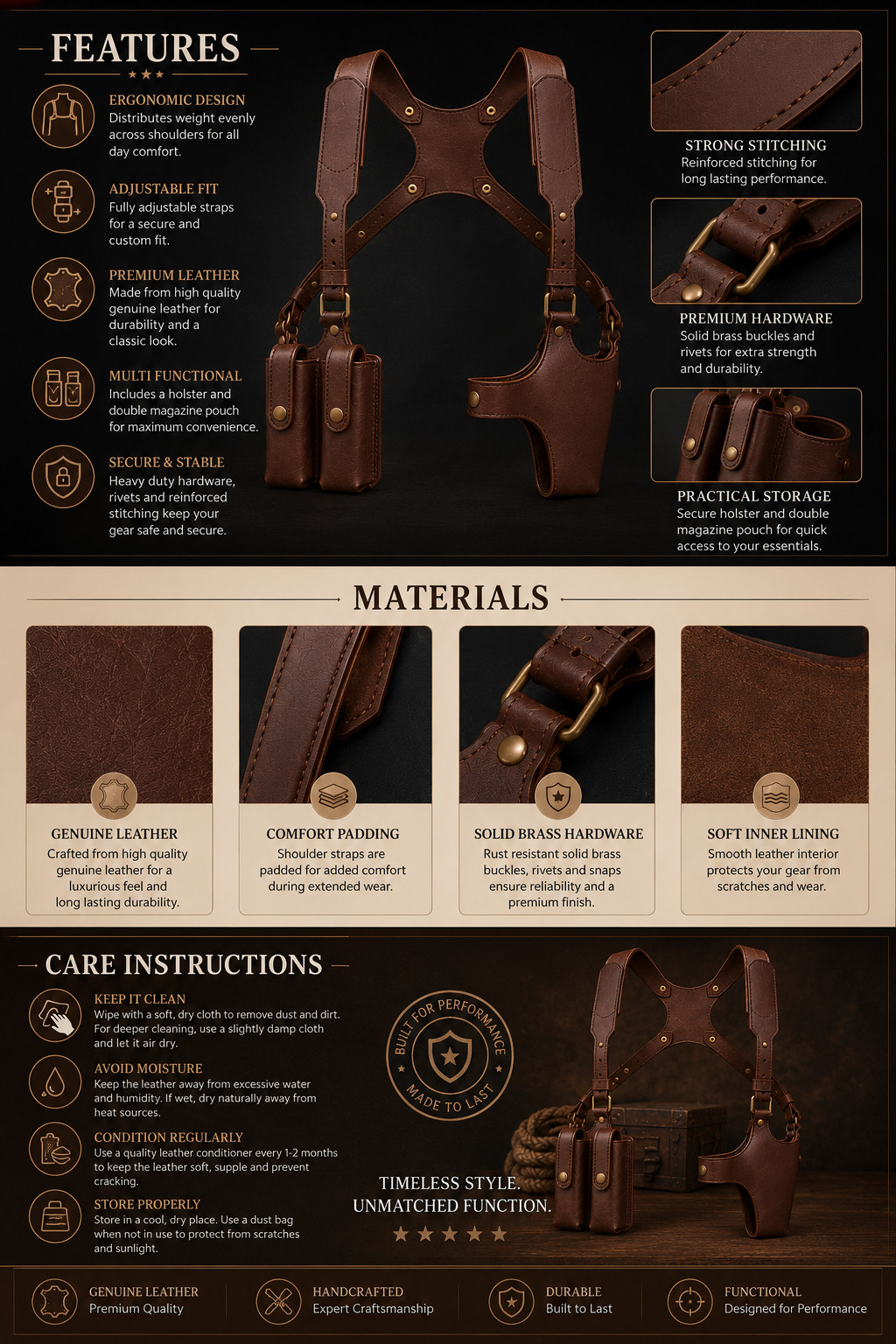 Genuine Leather Shoulder Holster Harness Magazine Pouch Adjustable Chest Rig