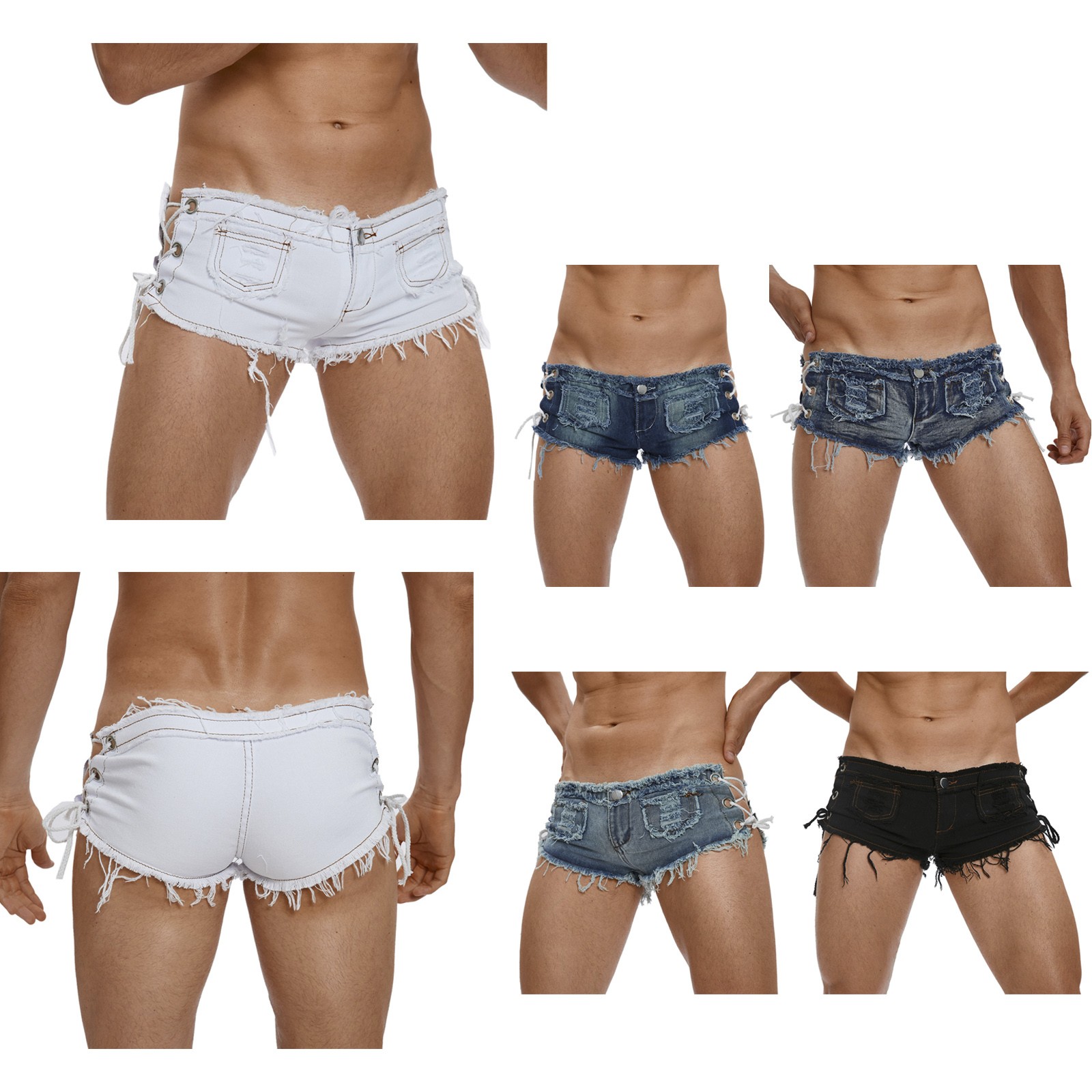 US YiZYiF Men Cut Off Low Rise Denim Ripped Shorts Distressed Side Tie Clubwear
