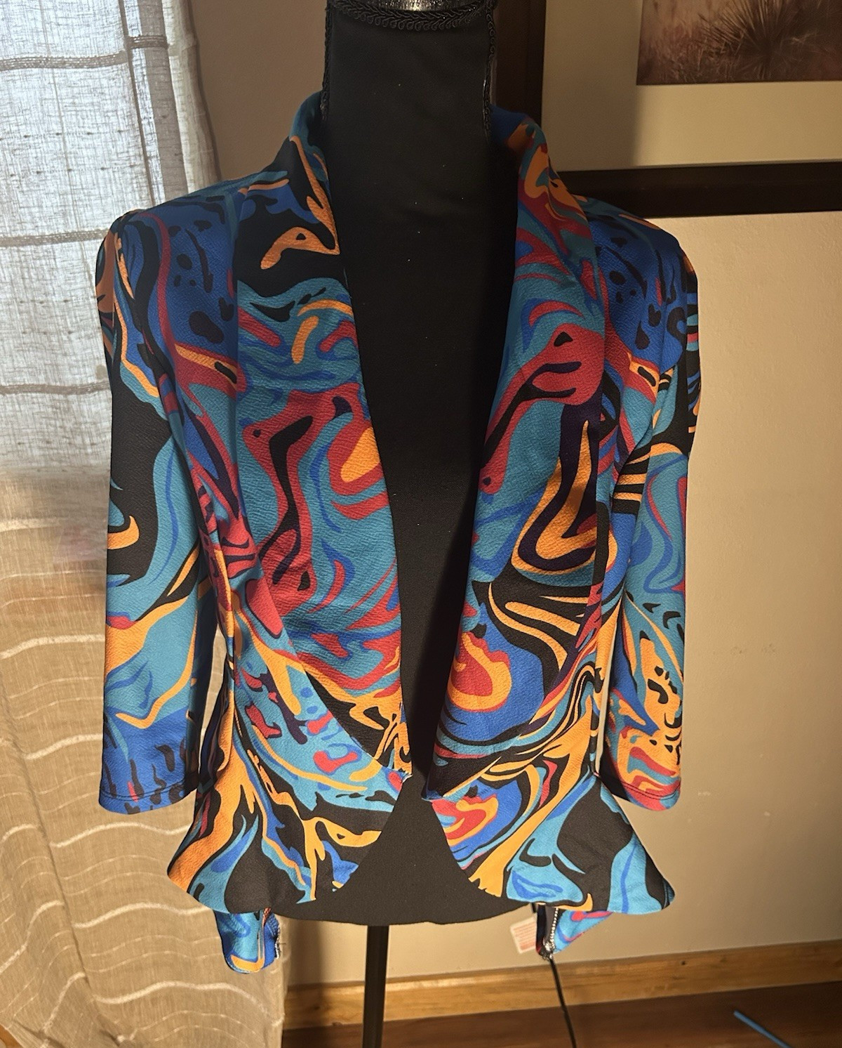 Women’s Multicolor Abstract Open Front Lightweight Short Jacket 3/4 Sleeve M