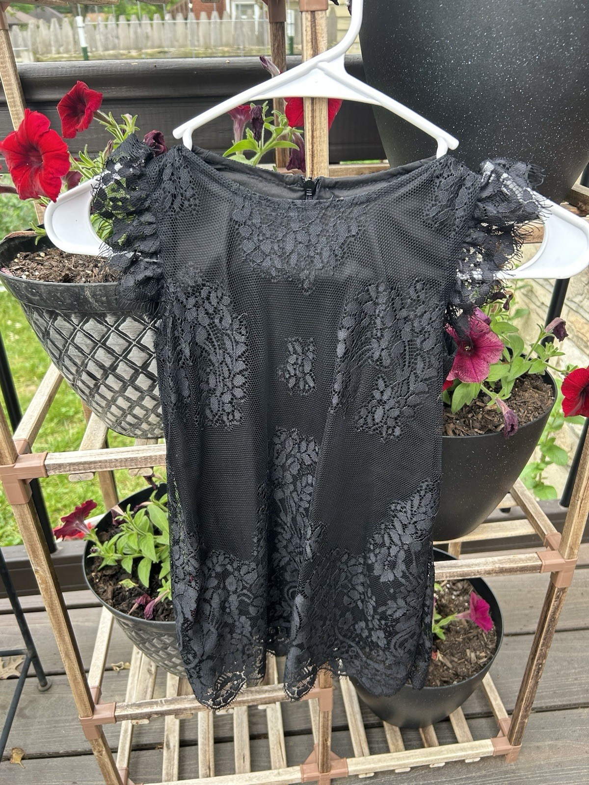 doe,a dear Black Floral Lace Flutter Sleeve Crew Neck A-Line Short Dress 5