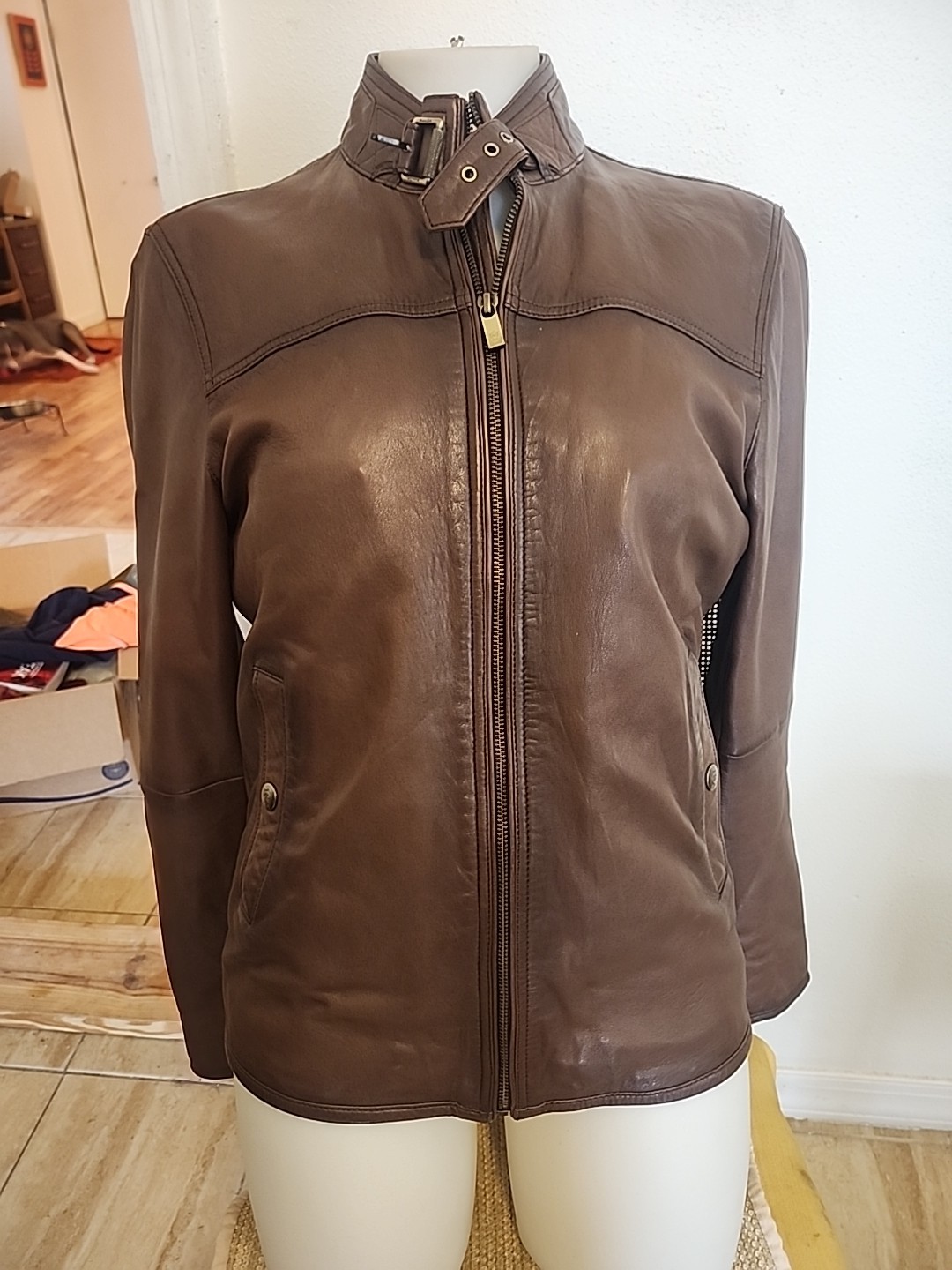 Mens Massimo Dutti Brown Nappa Lambskin Moto Aviation Leather Jacket Small EUC