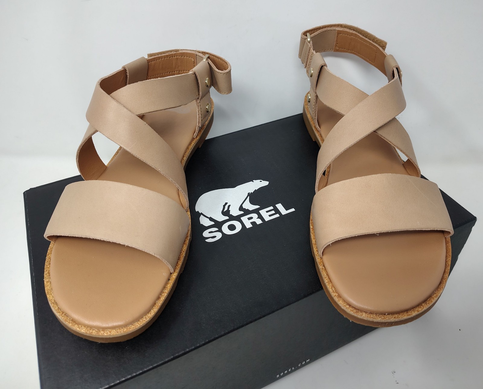 Womens Sorel Sandals Ella III Crisscross Honest Beige Gum 2 NIB