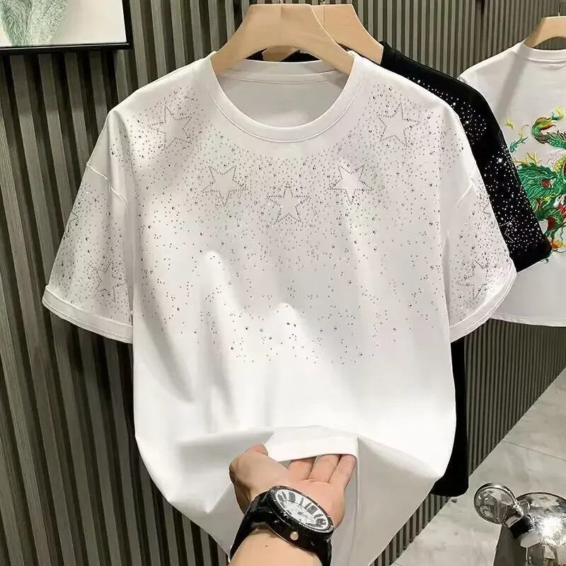Summer Rhinestone Rivet T-shirt for Men Clothing Round Neck Casual T-shirt