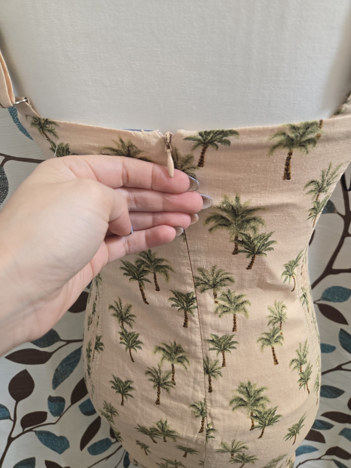 Robin K Heritage Palm Tree Print Mini Dress Beige Adjustable Straps Size M
