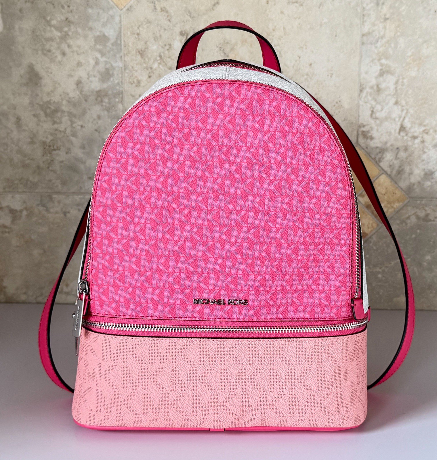 Michael Kors Rhea Medium Zip Backpack MK Color-Block Hibiscus Multi