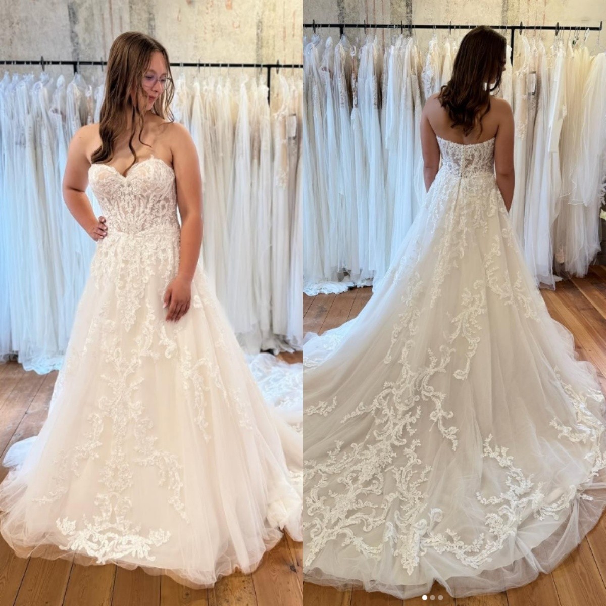 Strapless Wedding Dresses Sweetheart Lace Appliques Sweep Train Bridal Gowns