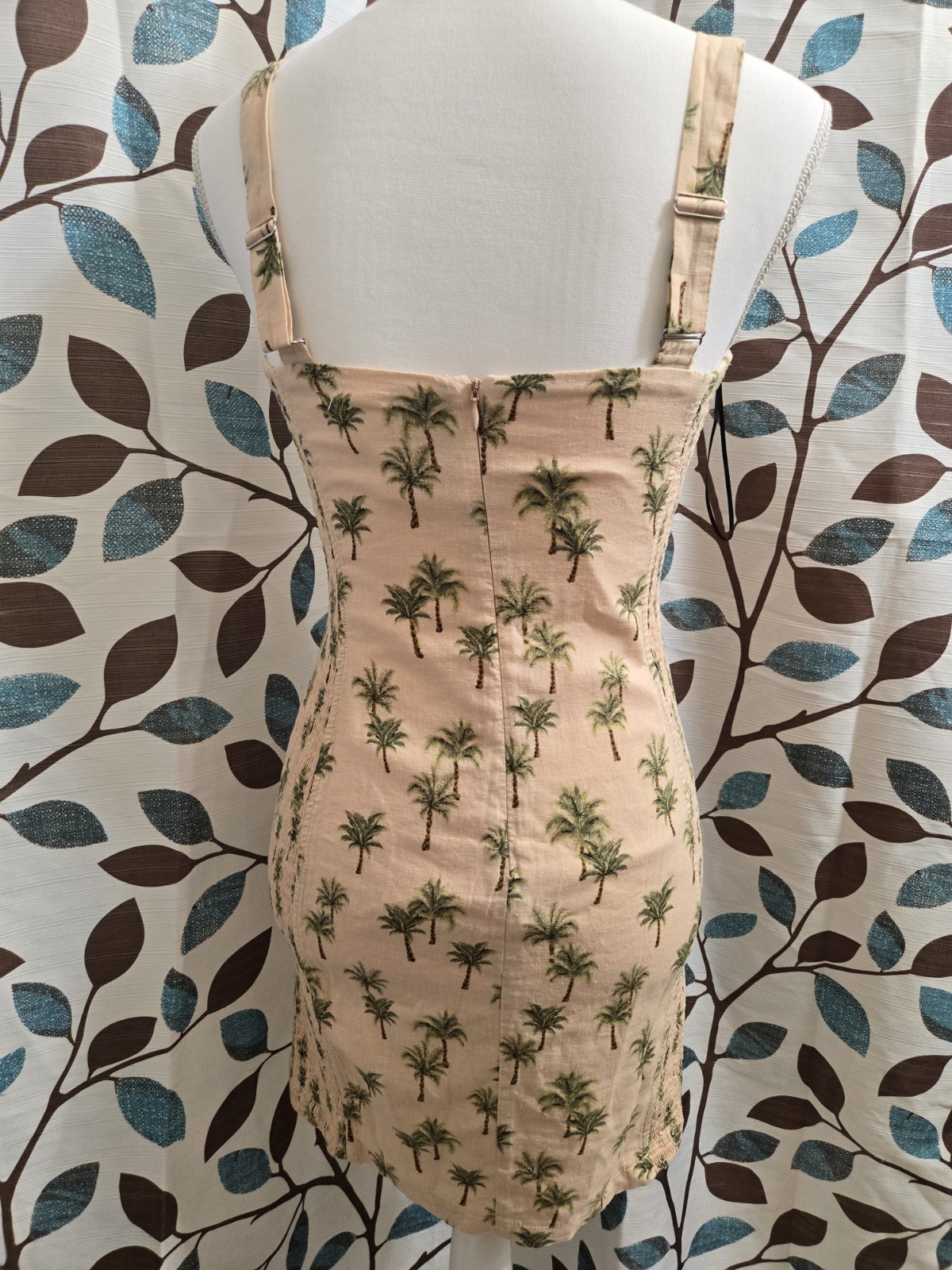 Robin K Heritage Palm Tree Print Mini Dress Beige Adjustable Straps Size M