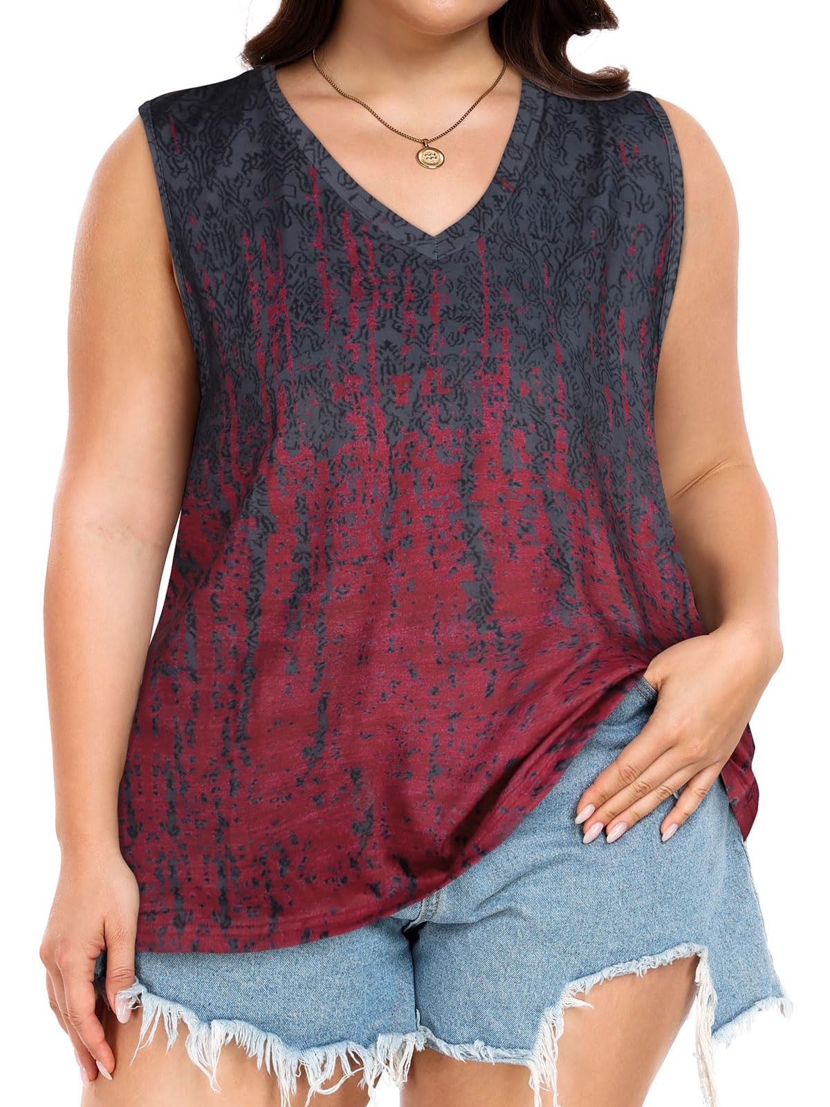 JOELLYUS Summer Sleeveless Tops Plus Size Tanks 5X-Large, Black Red Tie Dye