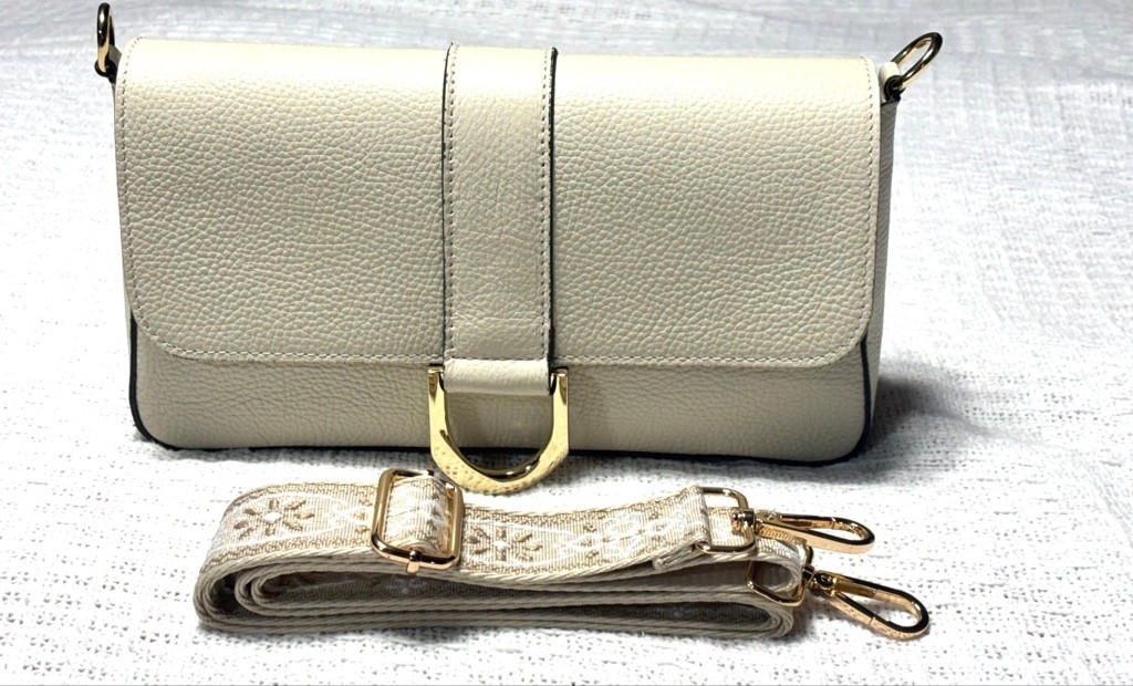 Divina Firenze Ivory Italian Leather Flap Bagette w/Substitute Embroidered Strap