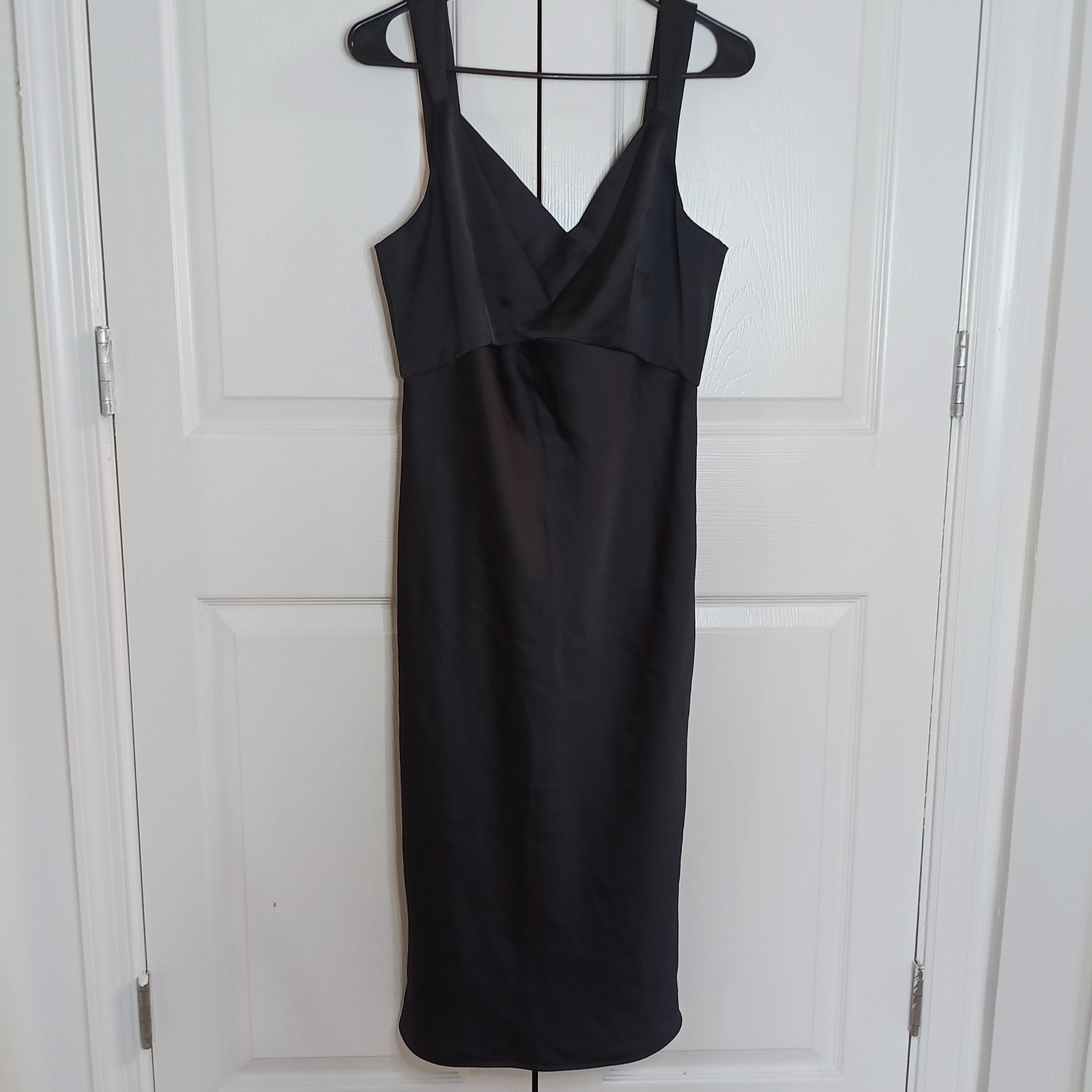 Express Women’s Black Satin Midi Dress Sleeveless V Neck Sheath Cocktail Size M