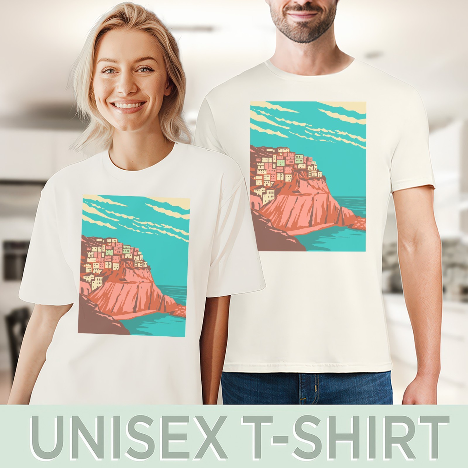 Scenic Coastal Town Tee Colorful Cliffside Houses Summer Ocean Graphic Shirt