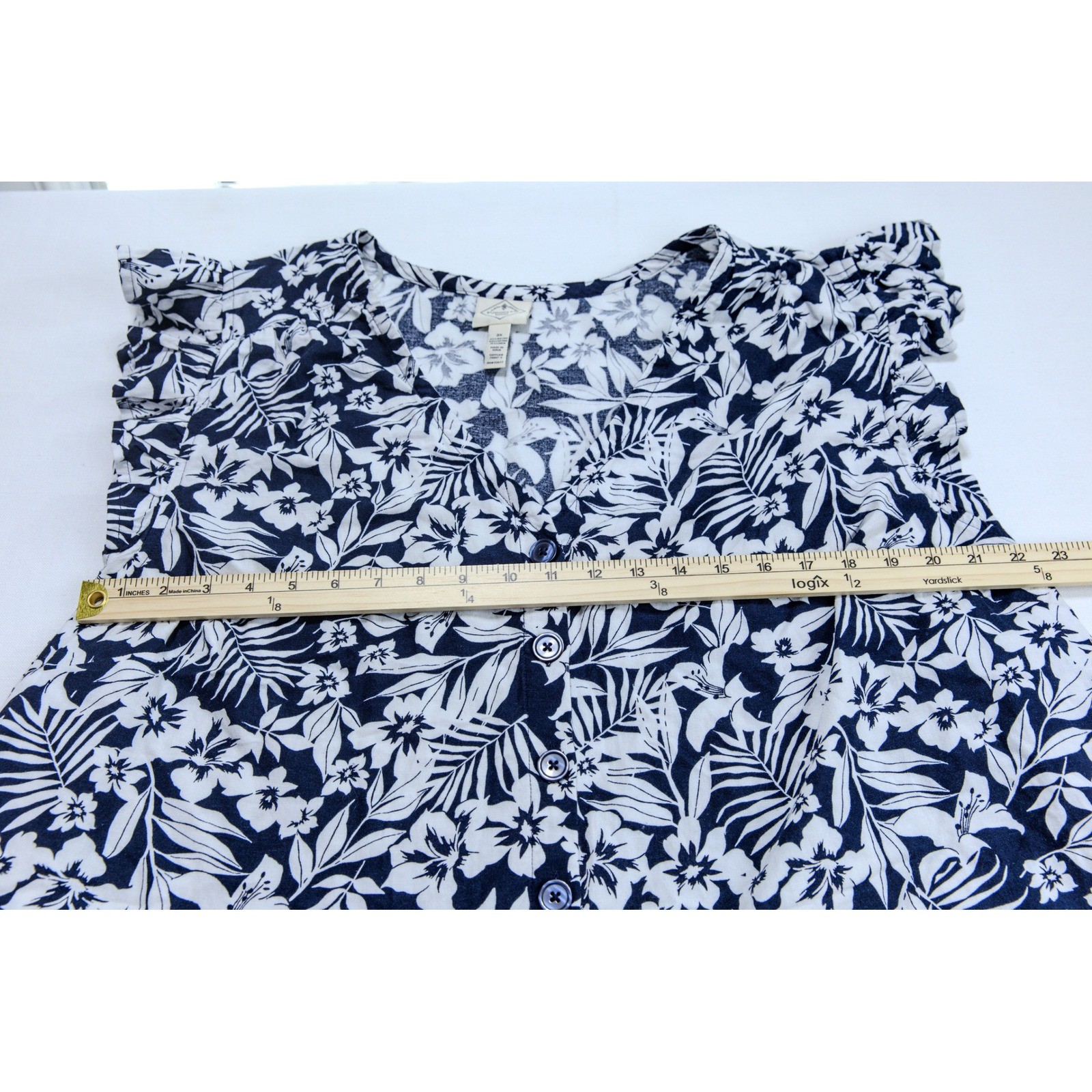 St Johns Bay Navy Blue White Tropical Floral Linen Blend Ruffle Top 3X 70807-3