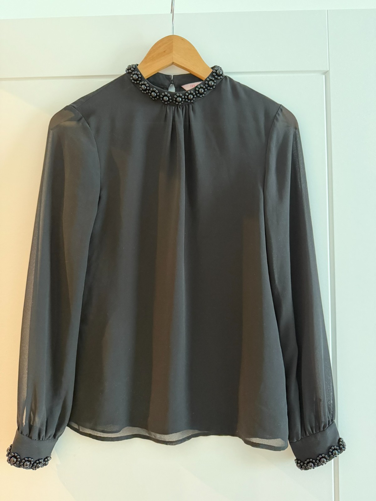 Ted Baker London Black Embellished Blouse Beaded Neckline Long Sleeve Size 0 UK