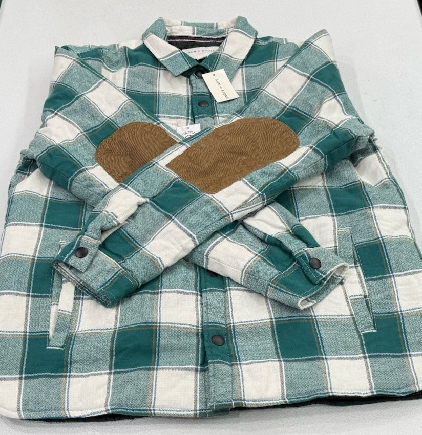 Sun + Stone Men’s Lined Plaid Flannel Shirt Jacket, Green Tourmalin, Size M