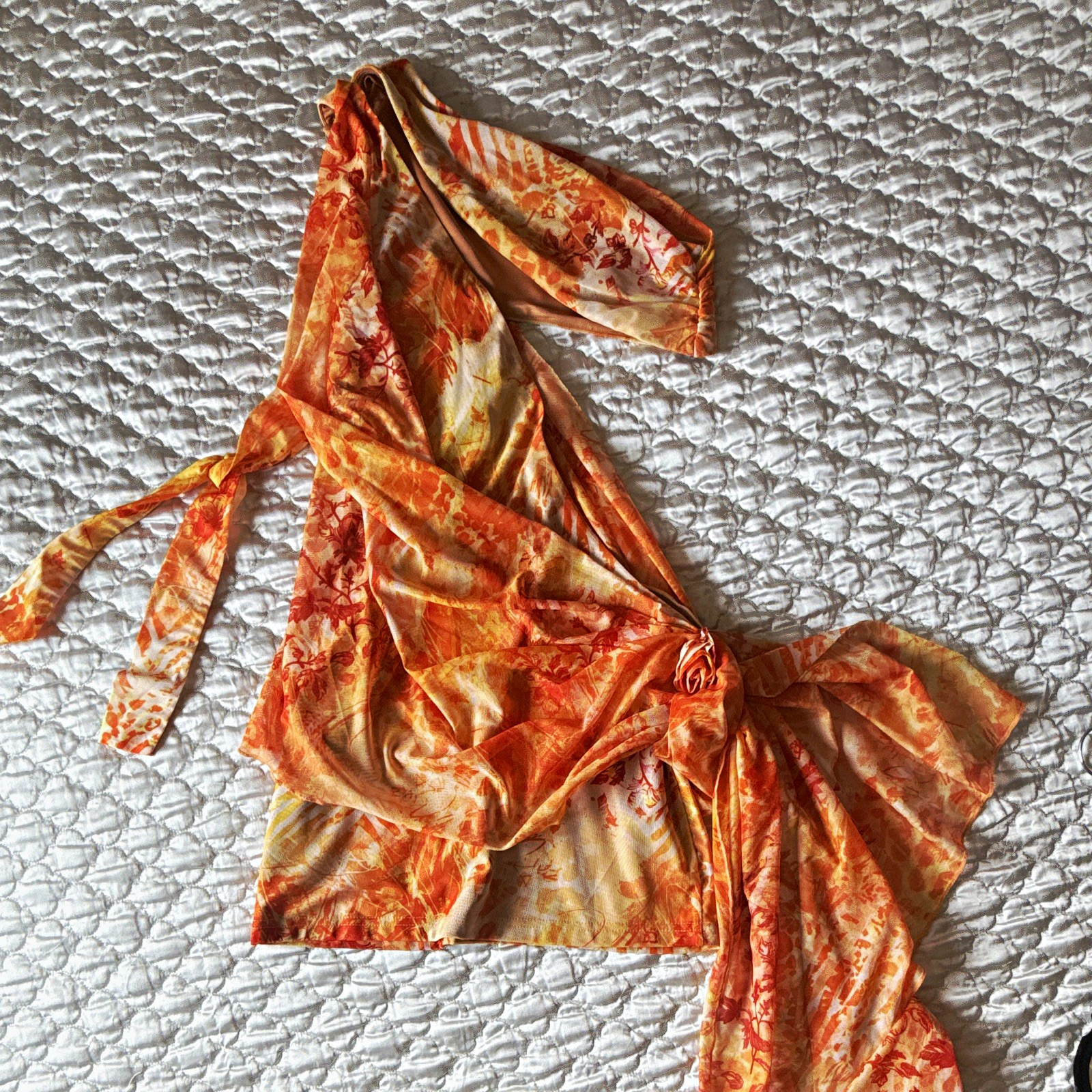 Outcast Cailie Mini Dress S Orange/Beige Floral One Shoulder Cut-Out Draped