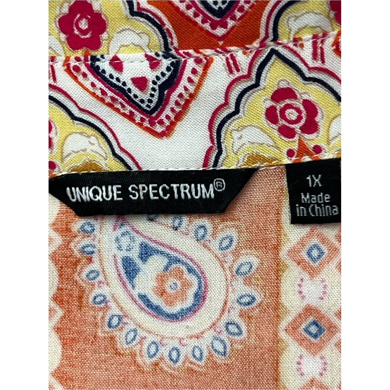 Unique Spectrum Satin Button-Front Blouse in Coral, Cream , Red Accents, Size IX